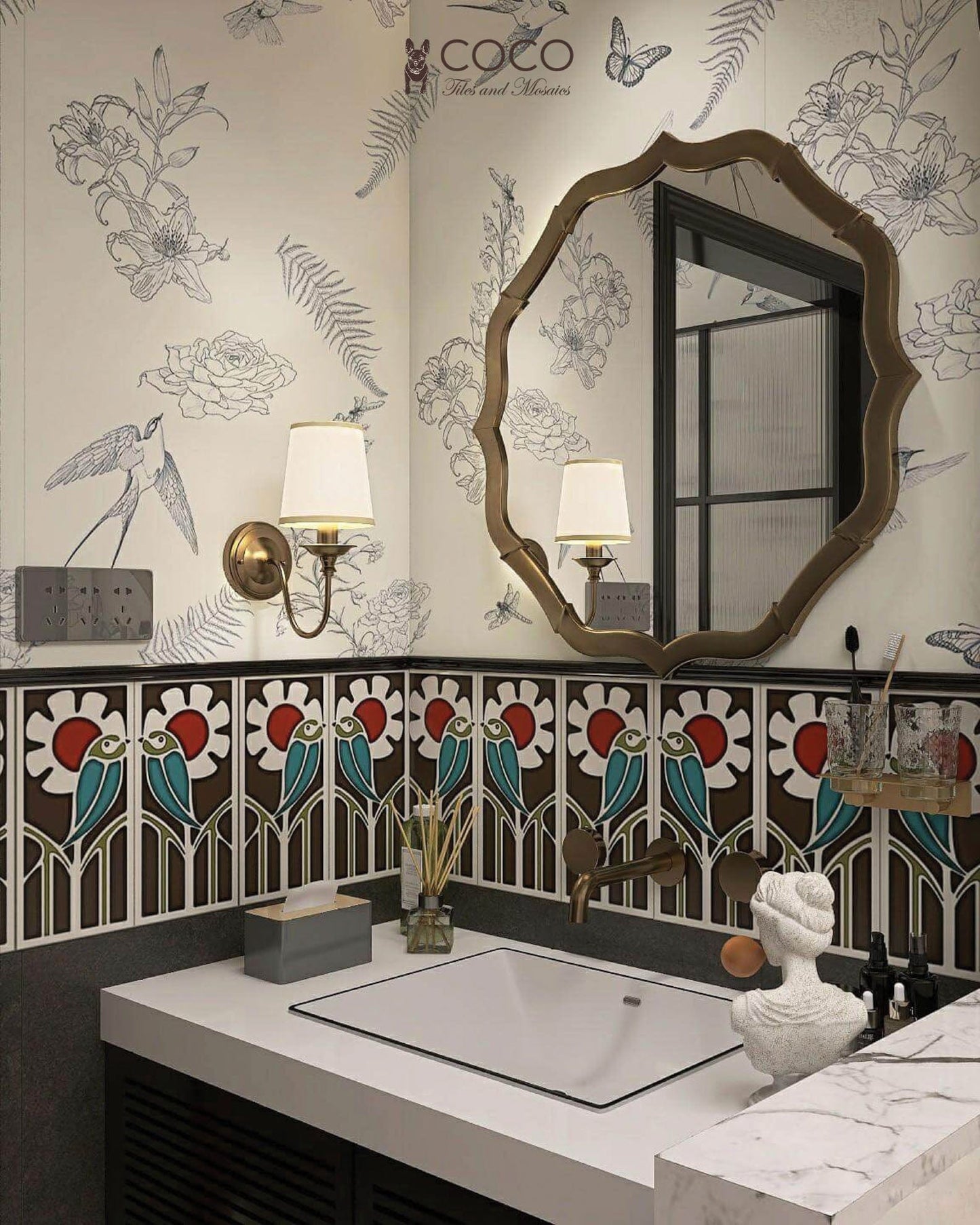 Art Nouveau Series - Lovebirds at Dusk Satin 150x300mm Ceramic Tile