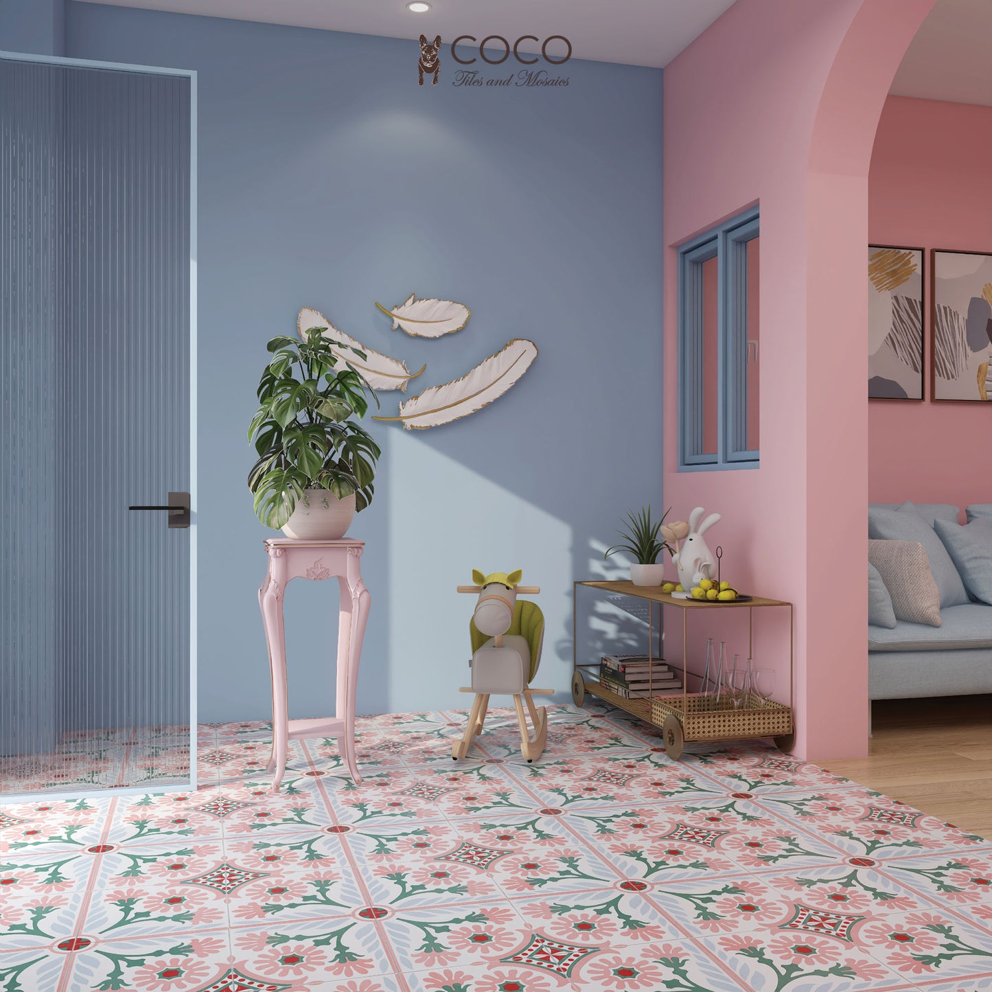 Pink Lovers Series Paradise Rose porcelain tile – pastel pink floral patterned flooring