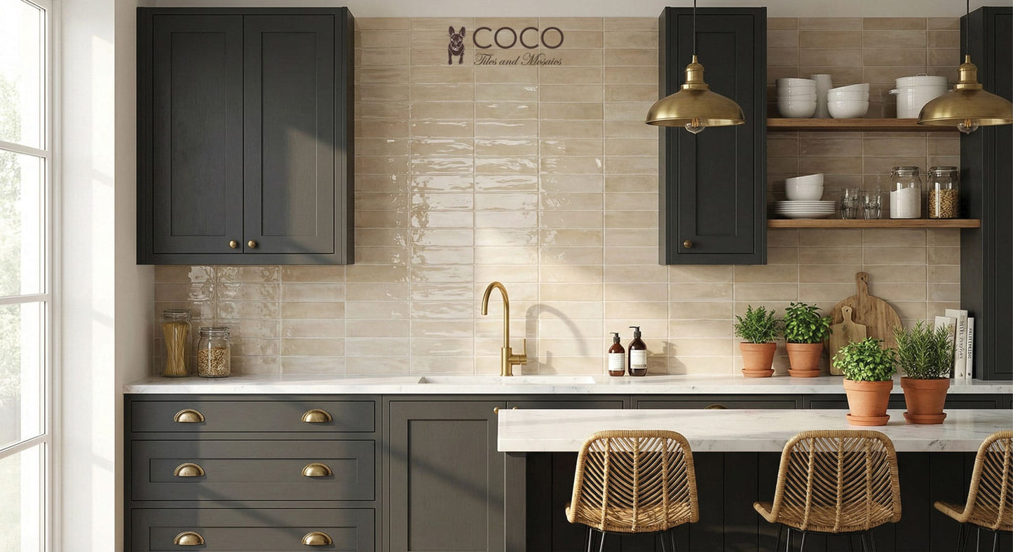 Smoke & Honey kitchen design featuring Moroccan Glaze Ripple Sand Gloss 400x800mm wall tiles against dark charcoal cabinetry and gold hardware.
