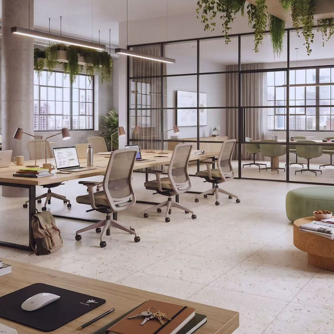 Open-plan office with Patina Series Perla Matt 604x604 terrazzo-look porcelain floor tiles, timber desks, black-framed glass partitions, indoor greenery and soft green lounge seating.