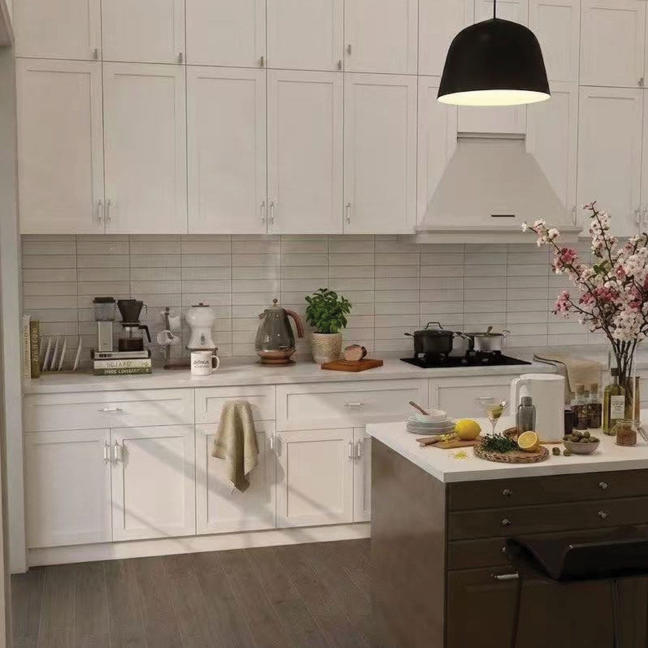 Bright white kitchen with Minimalist Muse Wavy Cascade Satin 300x600 textured splashback tiles and Grandeur Touch Midnight Oak Matt 200x1200 timber look porcelain floor tiles.