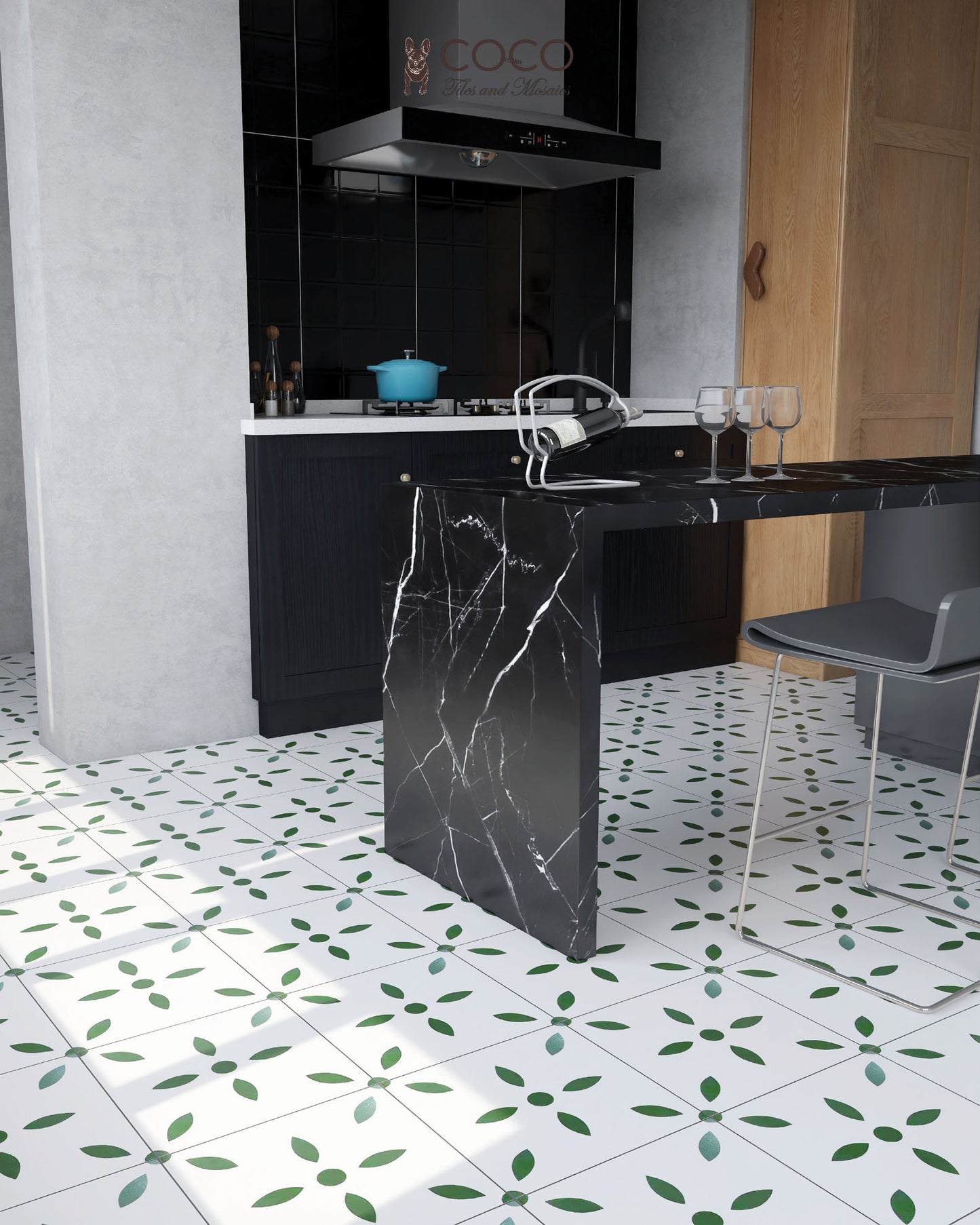 Green Magic Orion tile – green leaf pattern ceramic tile for kitchen floors