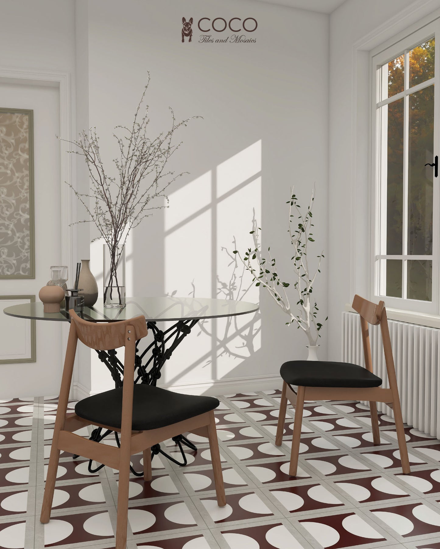 Cosmic Duality burgundy and white half-moon ceramic floor tile – 300x300mm retro geometric design for modern dining and kitchen floors