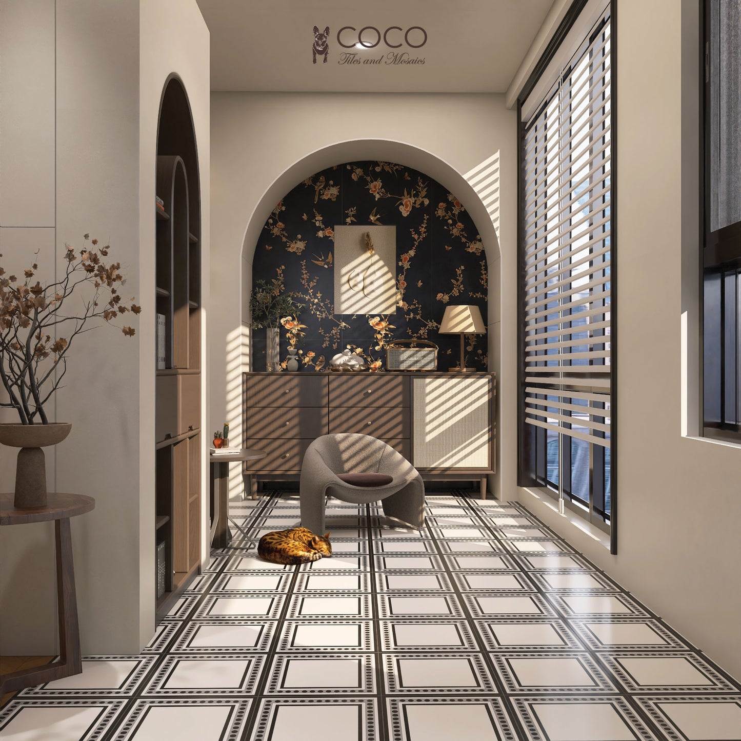 Tuxedo Matte black and white porcelain tile, high-slip-resistant, with an art deco geometric design. Shown in a contemporary interior, available from Coco Tiles & Mosaics in Australia.
