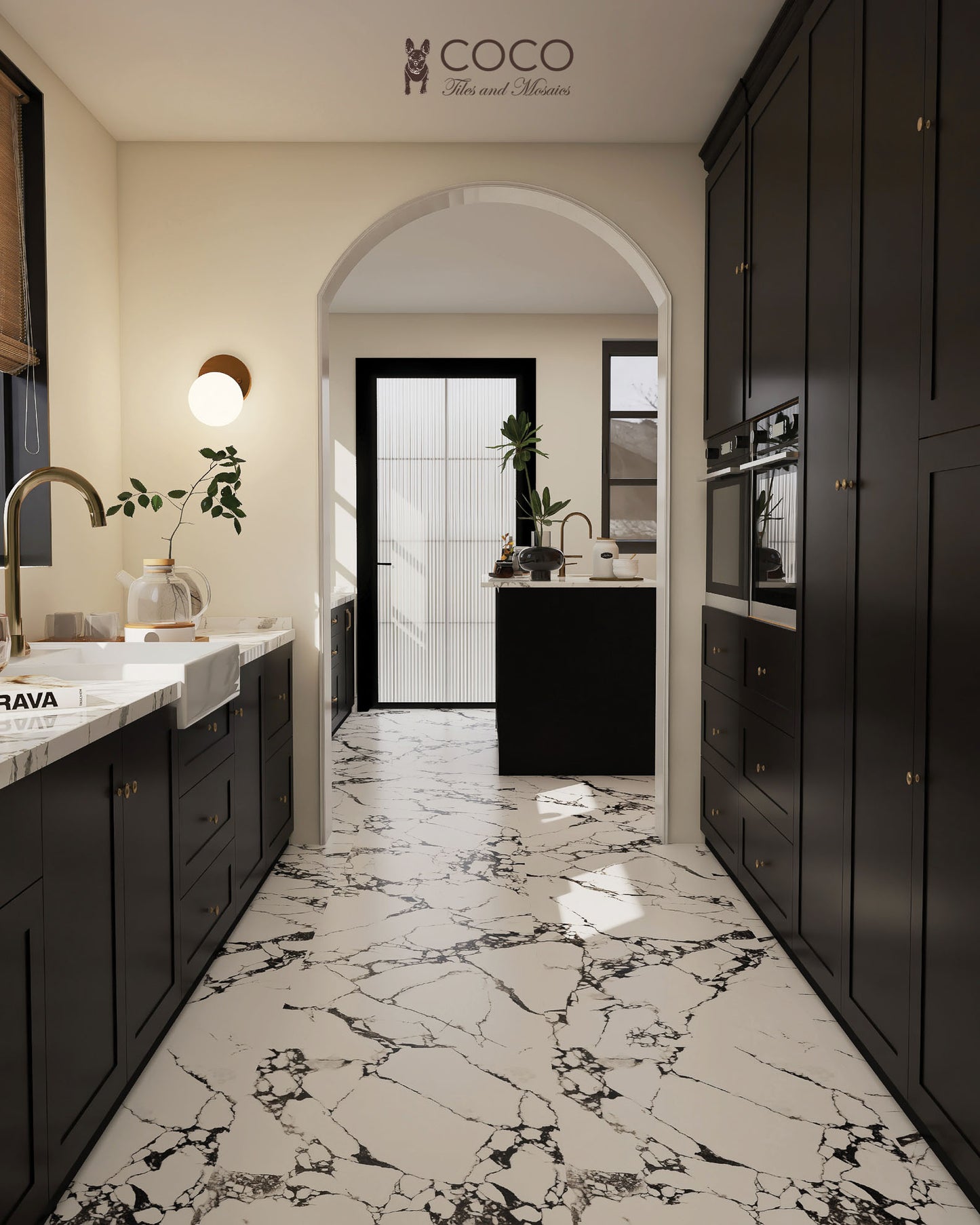 Obsidian Night White Marble Look Tile Flooring with Black Veins in a Luxury Kitchen