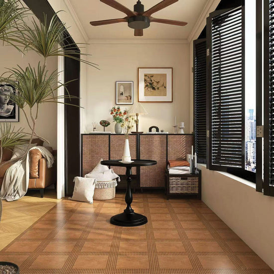 Modern traditional living room featuring Amber Trace Earthstone Lattice geometric floor tiles with P4 slip rating for residential and commercial use