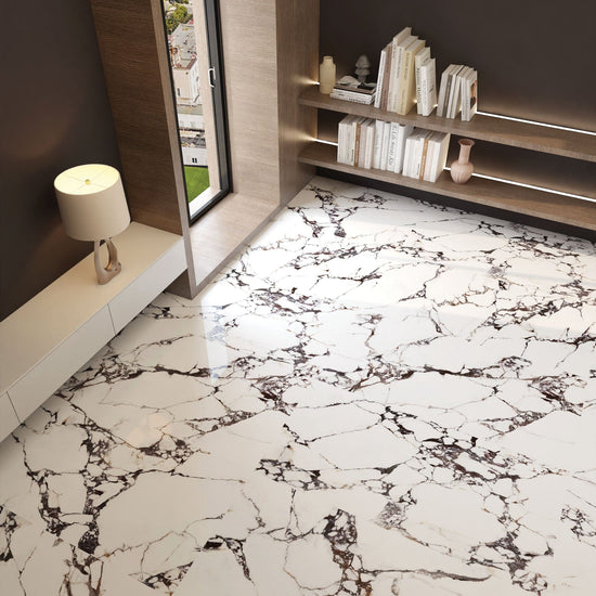 Wine & Stone tile look featuring Stellar Veins Burgundy Storm marble-look porcelain tiles with dramatic burgundy red veins.