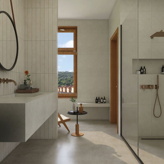 Form & Sediment tile combination featuring Rupe Matte 300x600, Libra Matte 300x600, and Seashell White Matte 75x600 porcelain tiles in neutral, stone-effect tones.