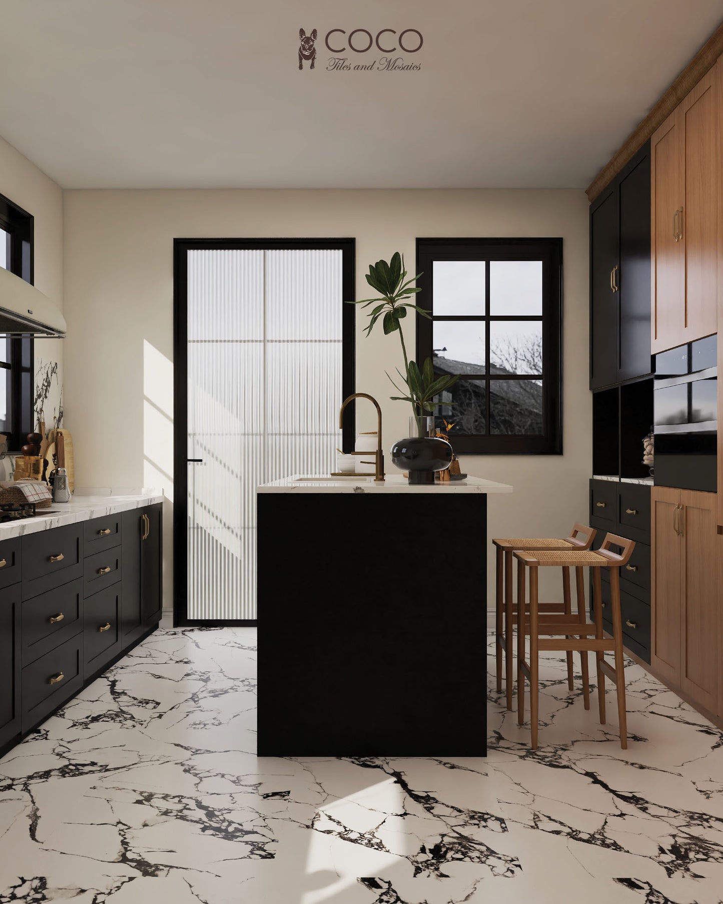 Stellar Veins Series Obsidian Night Satin 600x1200mm porcelain tile in a Warm Industrial Edge kitchen with matte black cabinetry, light wood cabinets, and brass tapware