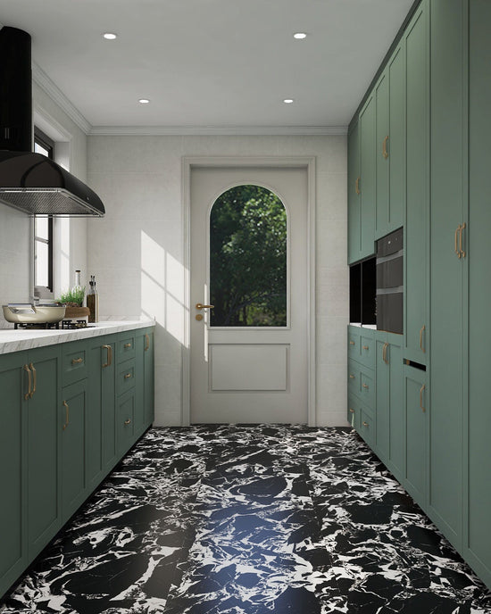 COCO Tiles and Mosaics Opening the Senses kitchen look, featuring Stellar Veins Series Arctic Pulse porcelain floor tile and Manor Series textured ceramic wall tiles with green shaker cabinets.