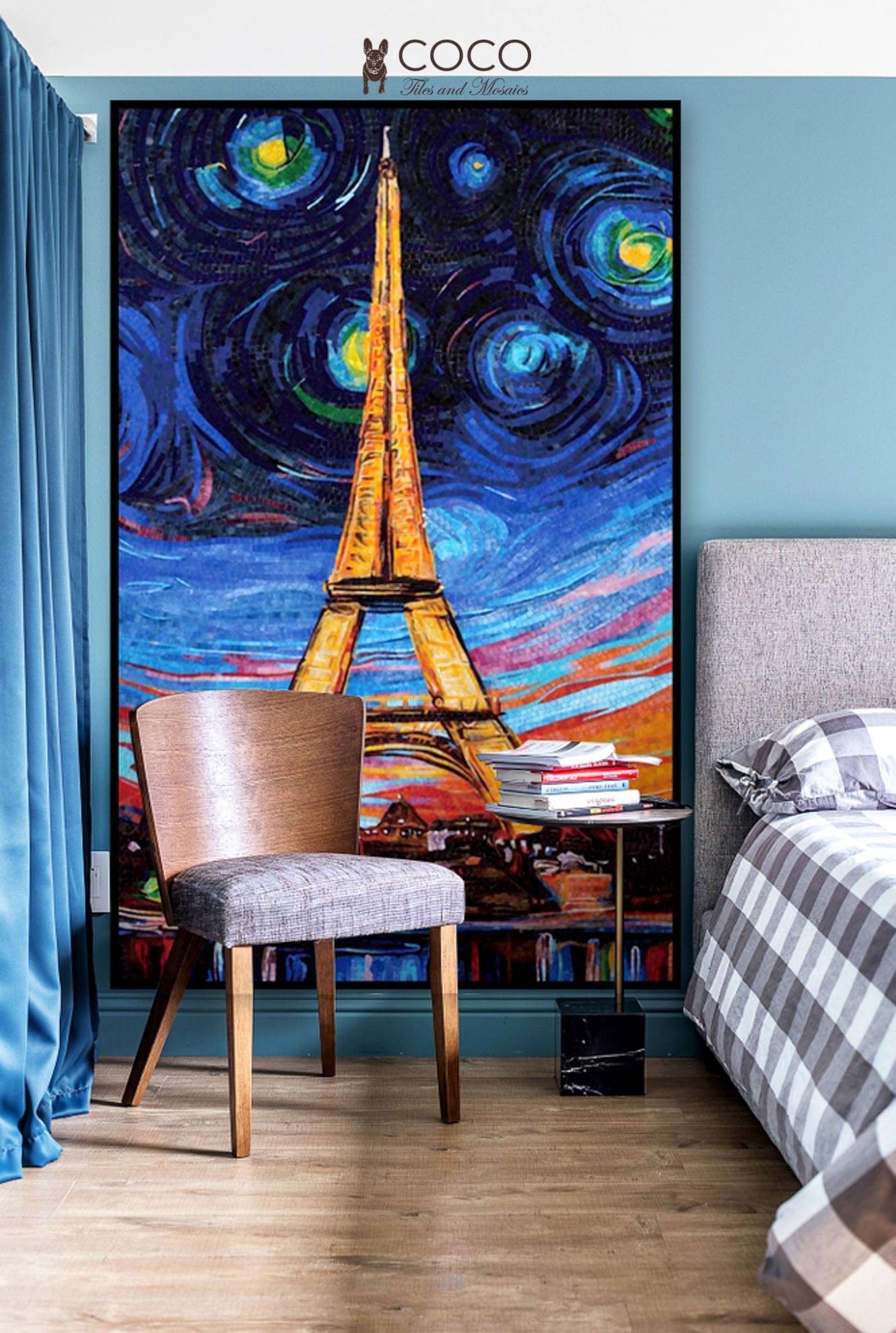 Handcut Glass Mosaic Eiffel Tower - Starry Night Inspired Paris Art