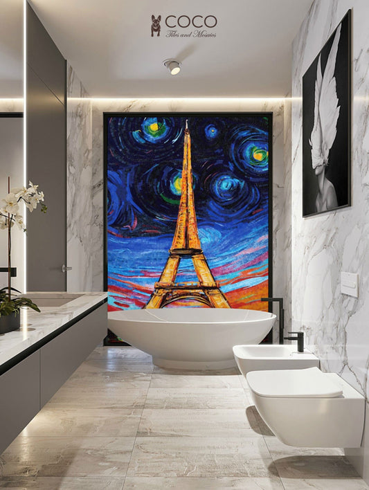 Handcut Glass Mosaic Eiffel Tower - Starry Night Inspired Paris Art
