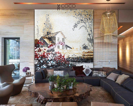 Country Home Mosaic Mural - Scenic Glass Tile Wall Art