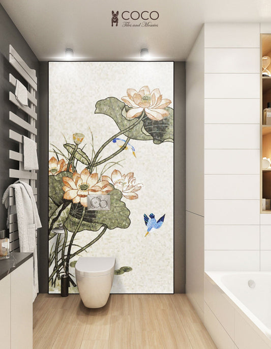 Lotus Serenade: Stone Mosaic Art Panel with Kingfisher and Blooming Lotus