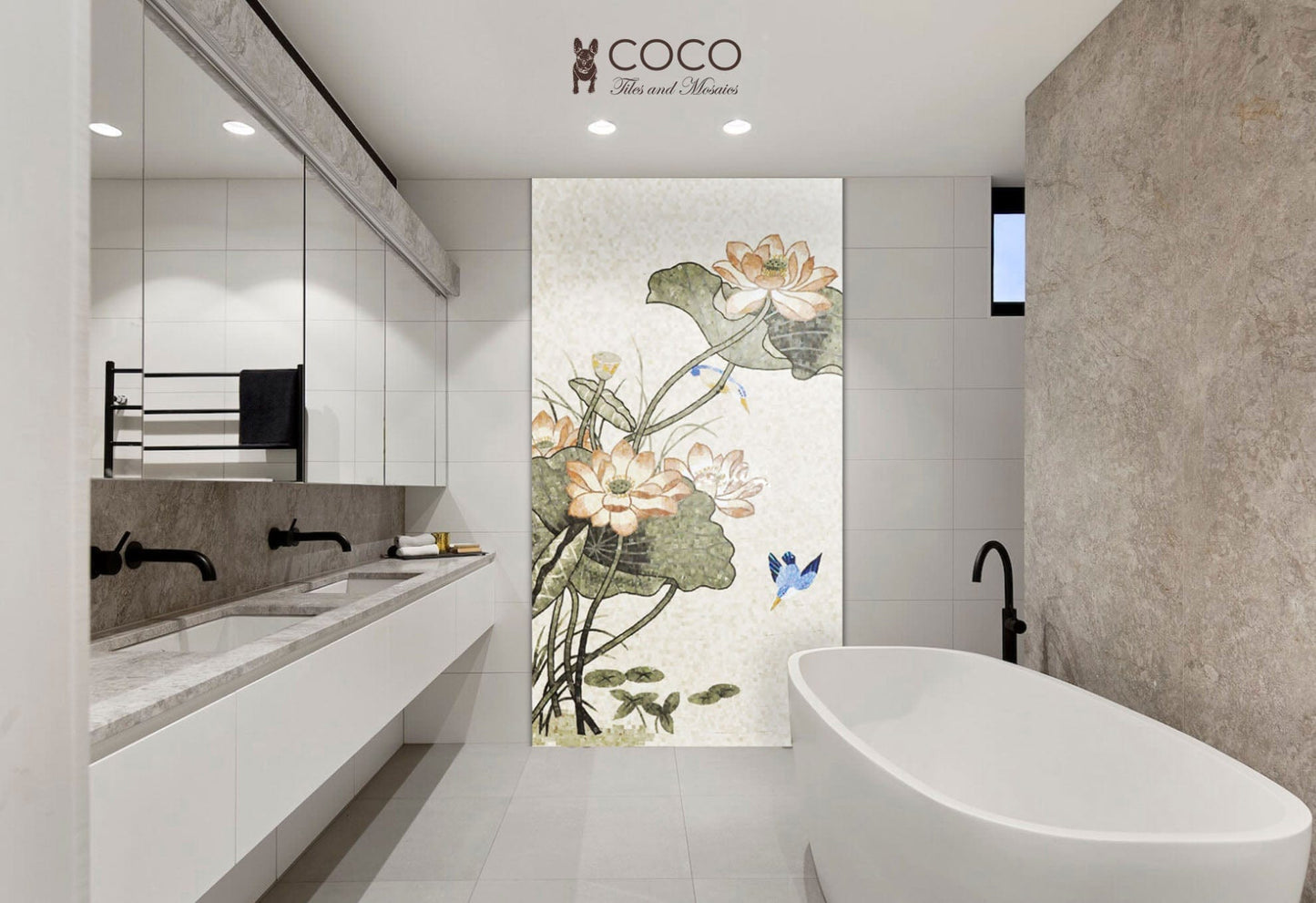 Lotus Serenade: Stone Mosaic Art Panel with Kingfisher and Blooming Lotus