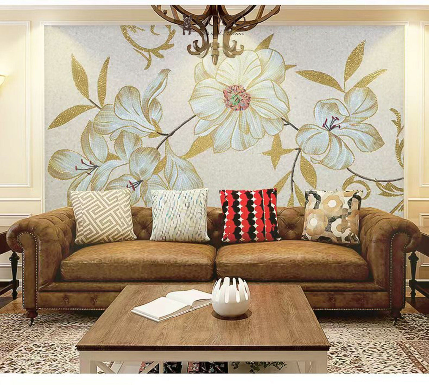 Gilded Petals: Elegant White Flower and Gold Leaf Mosaic Tile