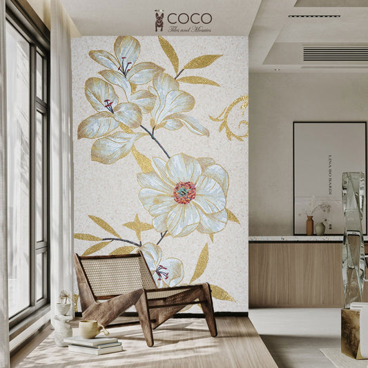 Gilded Petals: Elegant White Flower and Gold Leaf Mosaic Tile
