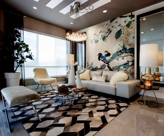 Ever After: Romantic Lovebird Mosaic Mural with White Blossoms and Botanical Branch