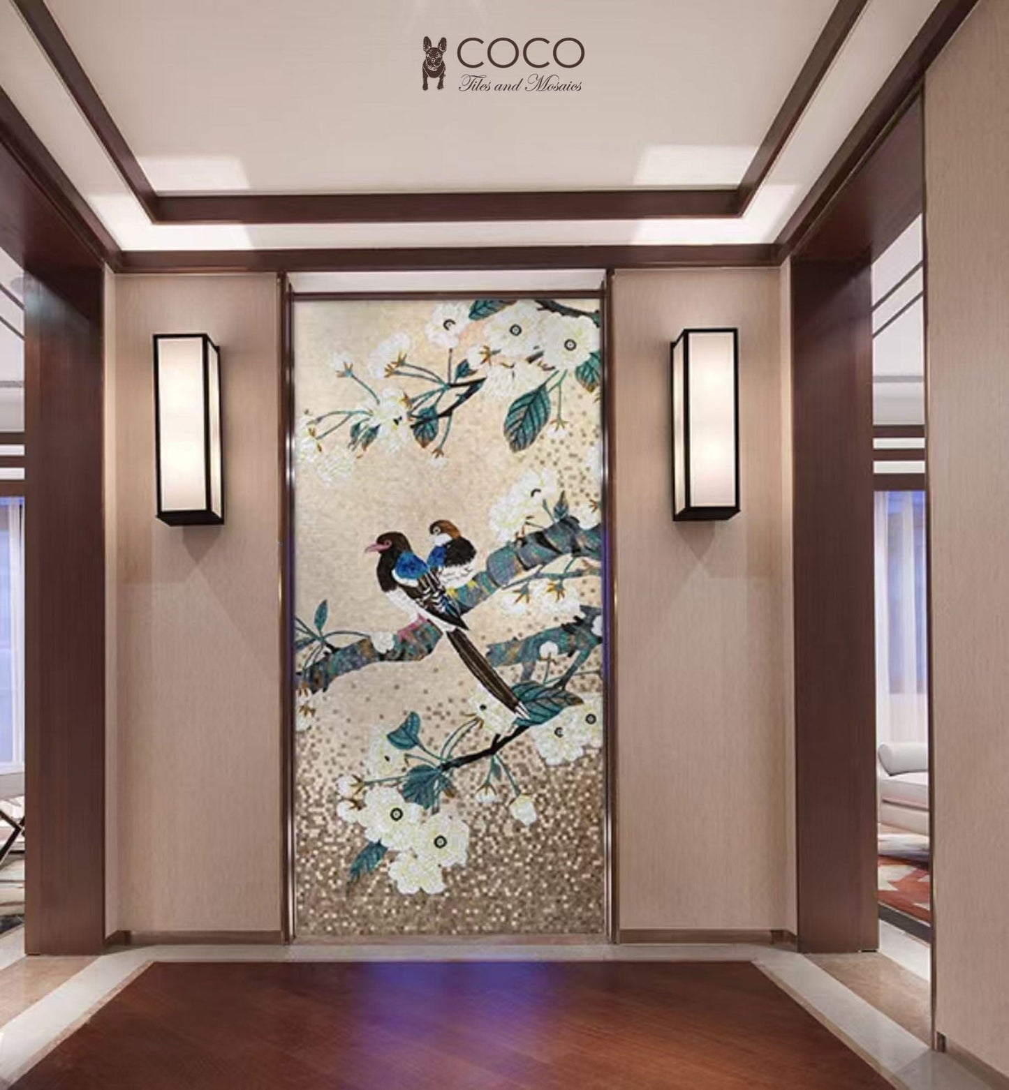 Ever After: Romantic Lovebird Mosaic Mural with White Blossoms and Botanical Branch