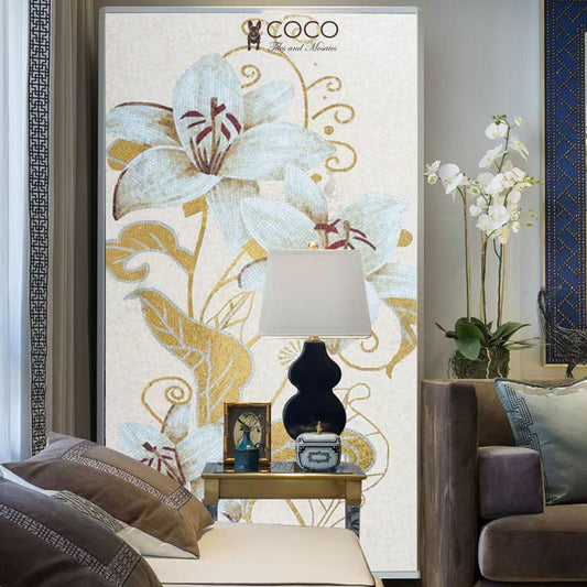 Lily Radiance : Handcrafted White Floral Mosaic Wall Panel with Gold Leaf Accents