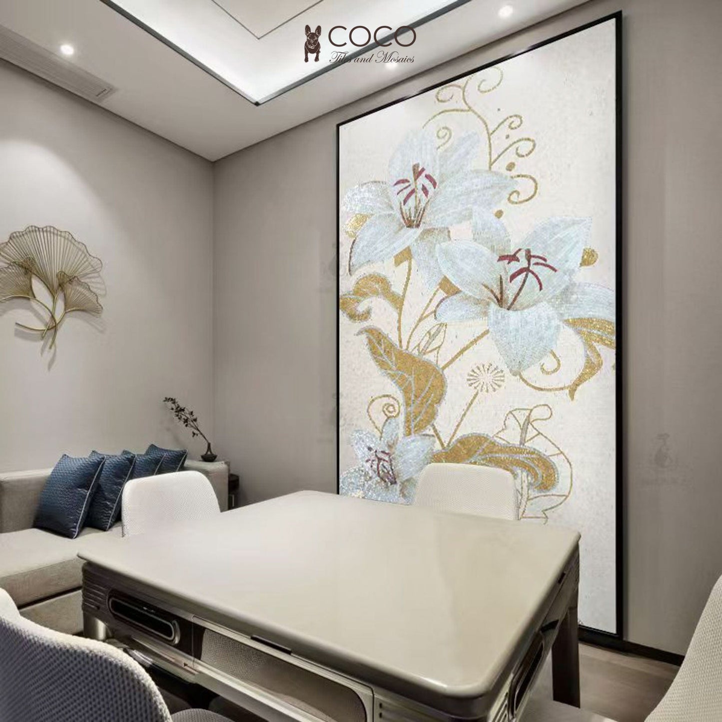 Lily Radiance : Handcrafted White Floral Mosaic Wall Panel with Gold Leaf Accents