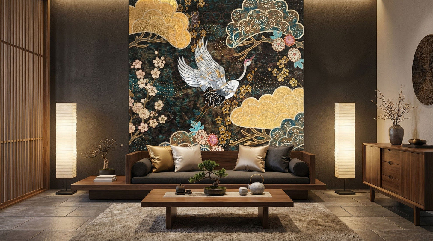 Celestial Crane Garden Glass Mosaic Art