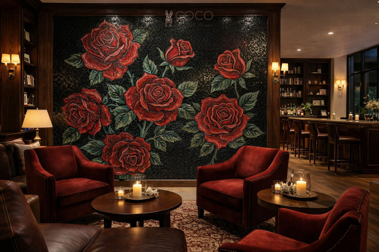 Velvet Noir Roses - Red Floral Glass Mosaic Mural