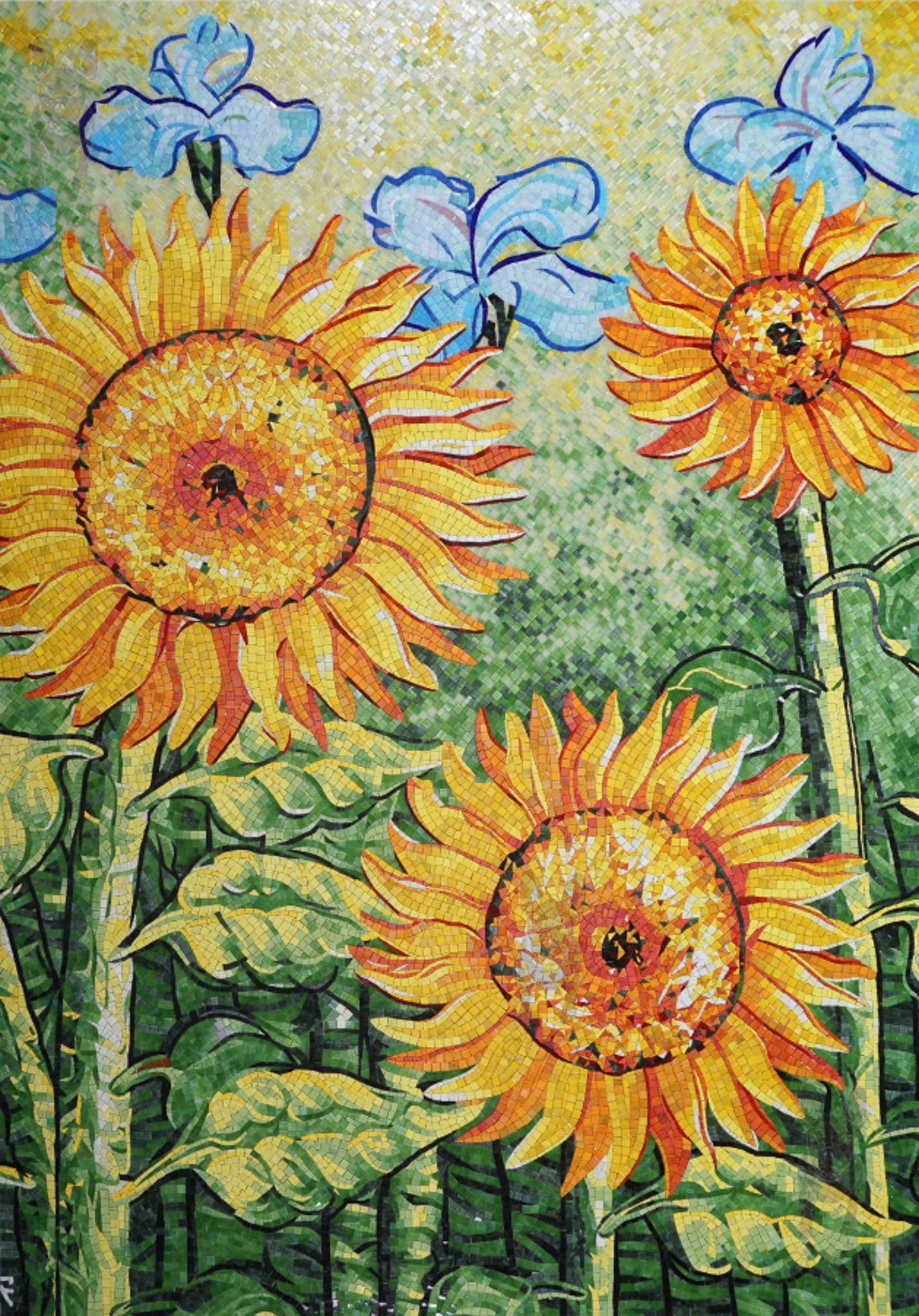 Artistic Mosaic - Sunflowers and Blue Poppies