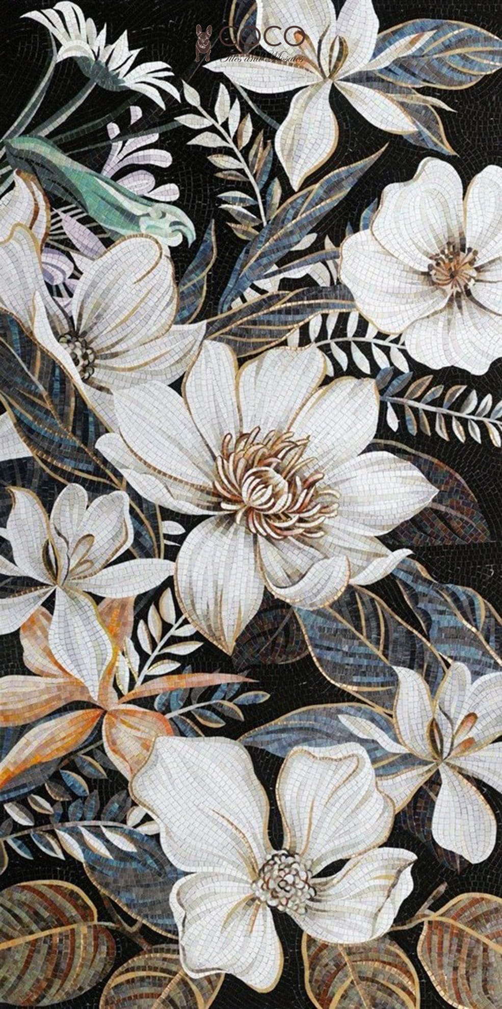 Obsidian Flora - Ivory & Black Magnolia Botanical Glass Mosaic Mural