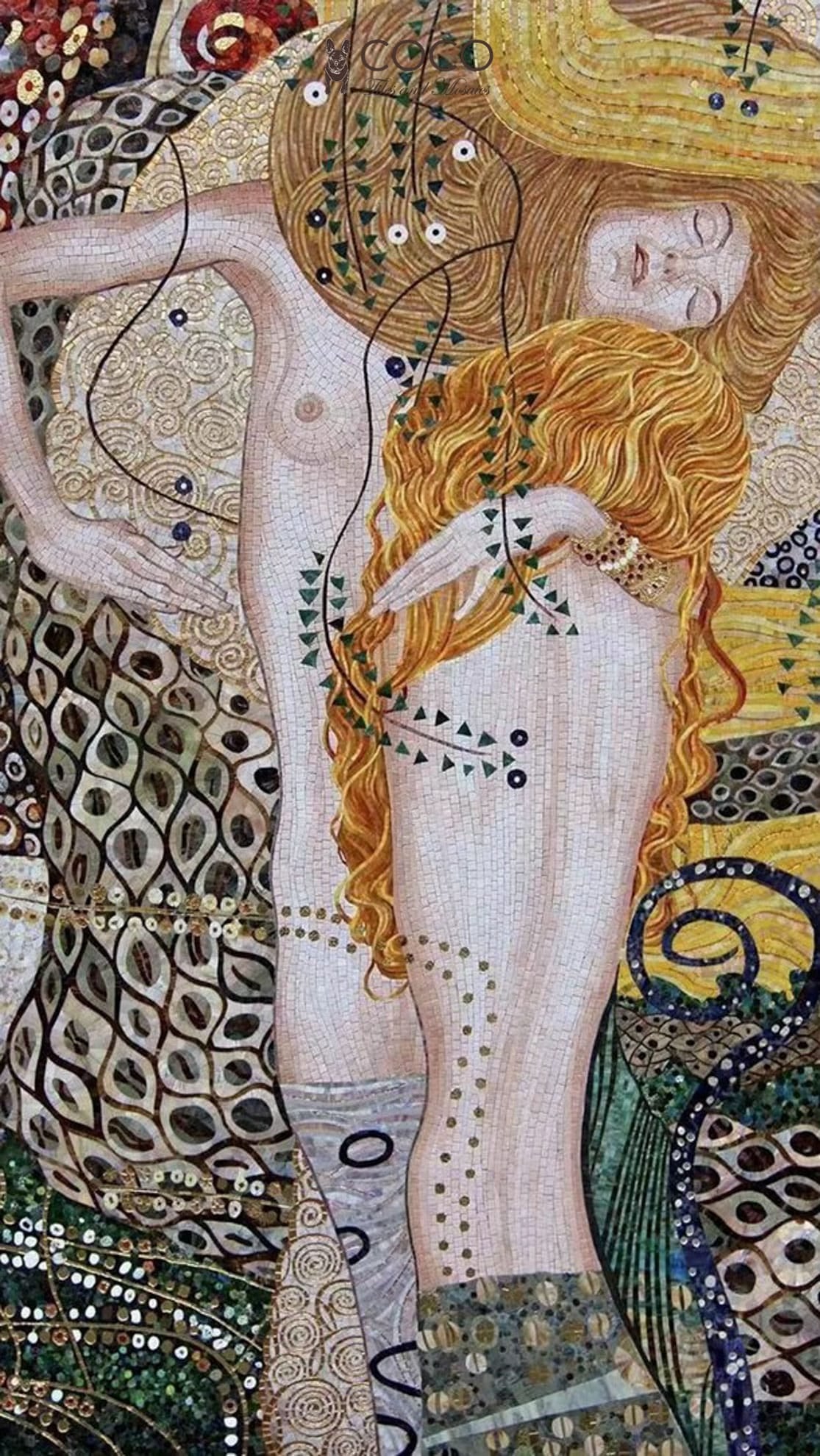 Golden Serpents - Amber & Olive Art Nouveau Figures Glass Mosaic Art