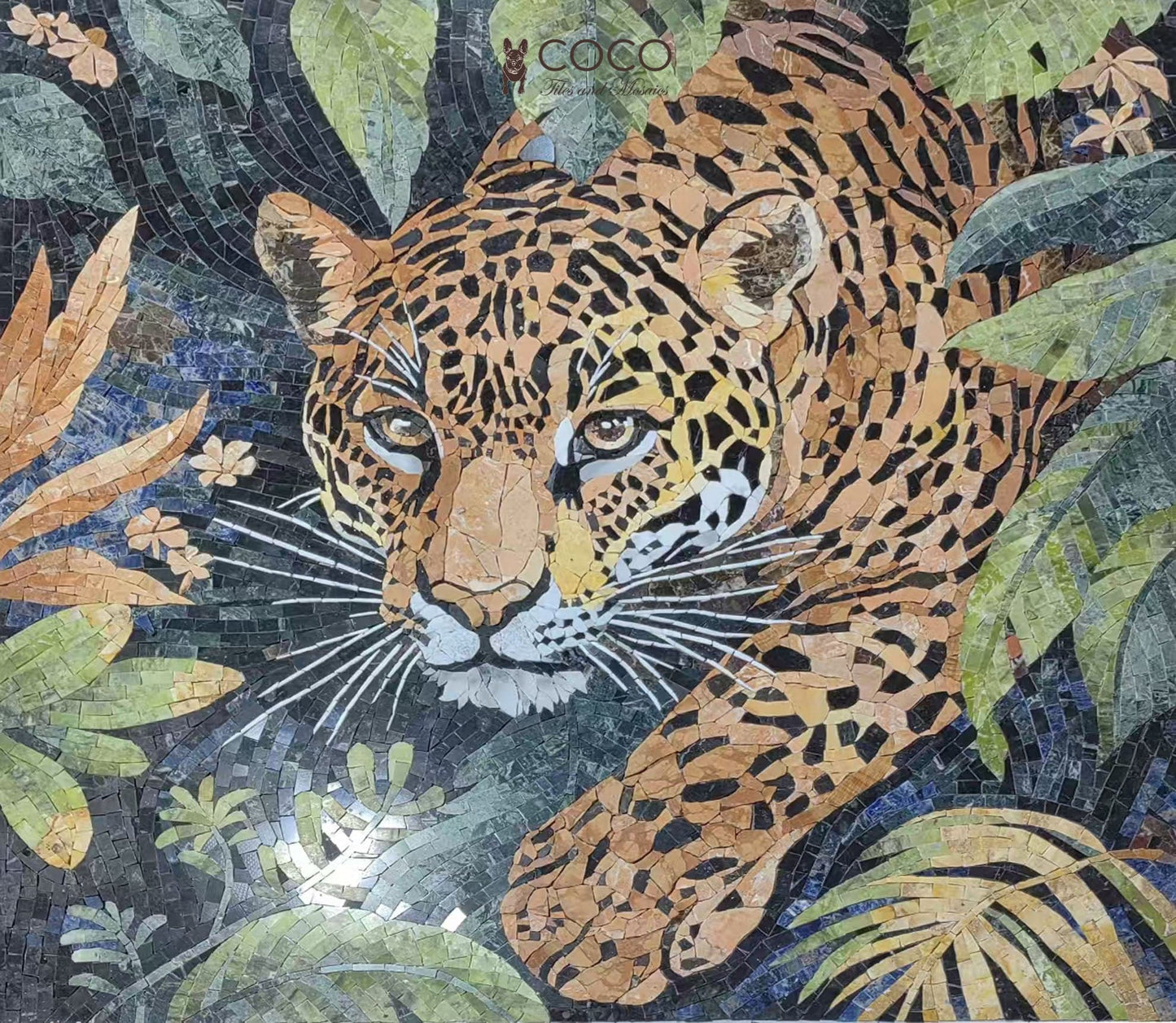 Jungle Majesty: Natural Stone Leopard Mosaic Wall Art