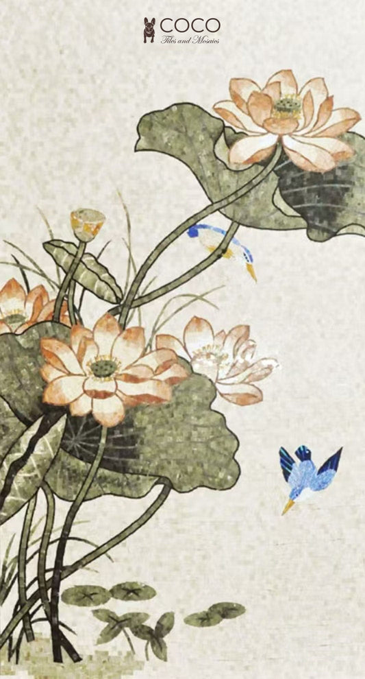 Lotus Serenade: Stone Mosaic Art Panel with Kingfisher and Blooming Lotus