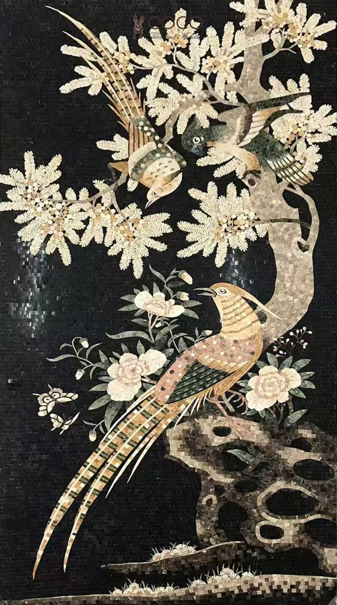 Golden Plumage: Elegant Black Stone Mosaic Art with Birds and Blossoms