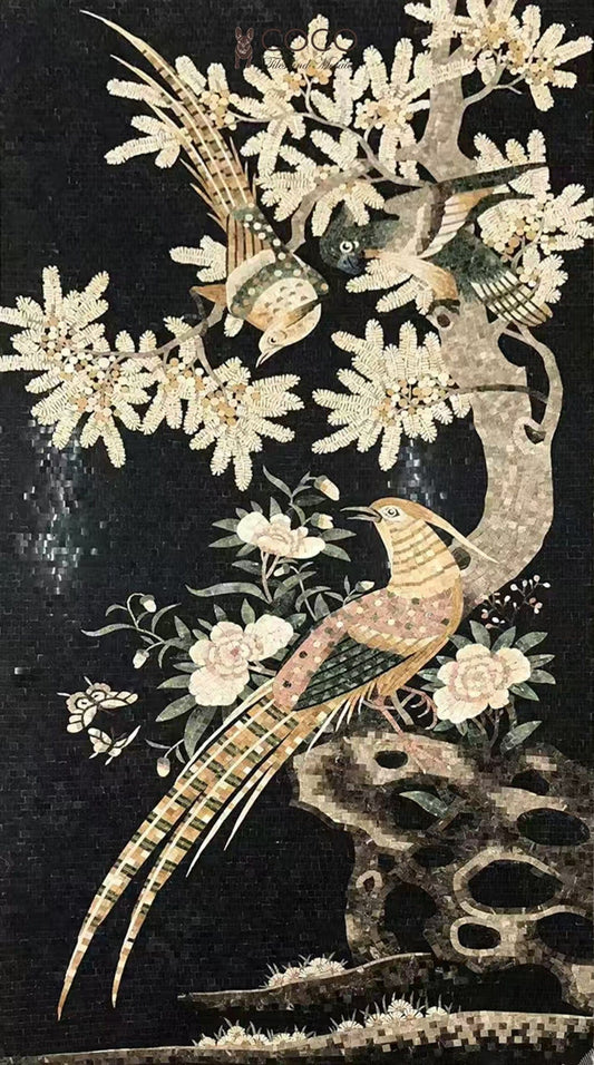 Golden Plumage: Elegant Black Stone Mosaic Art with Birds and Blossoms