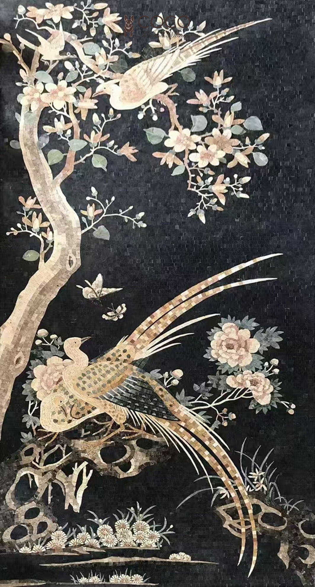 Spring Sonata: Handcrafted Mosaic Mural with Birds and Cherry Blossoms on Black Stone