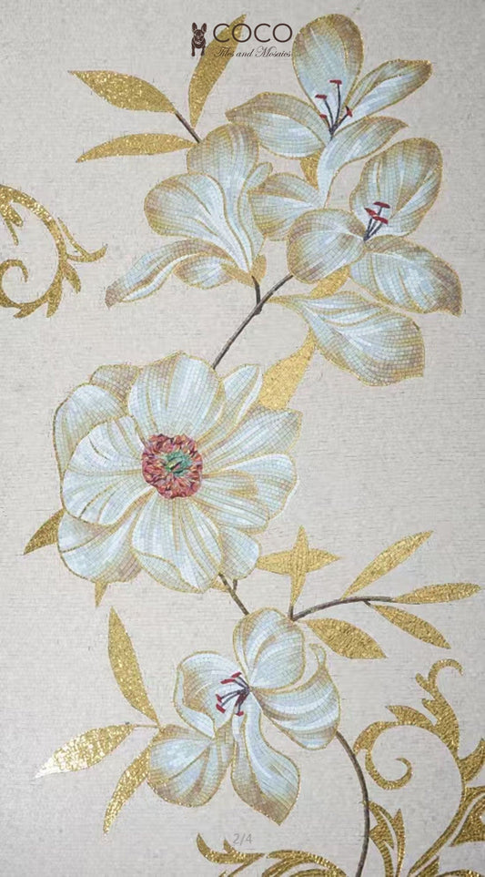 Gilded Petals: Elegant White Flower and Gold Leaf Mosaic Tile