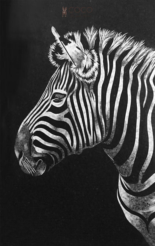Tripes & Silence : Black and White Stone Mosaic Wall Art of Zebra Head
