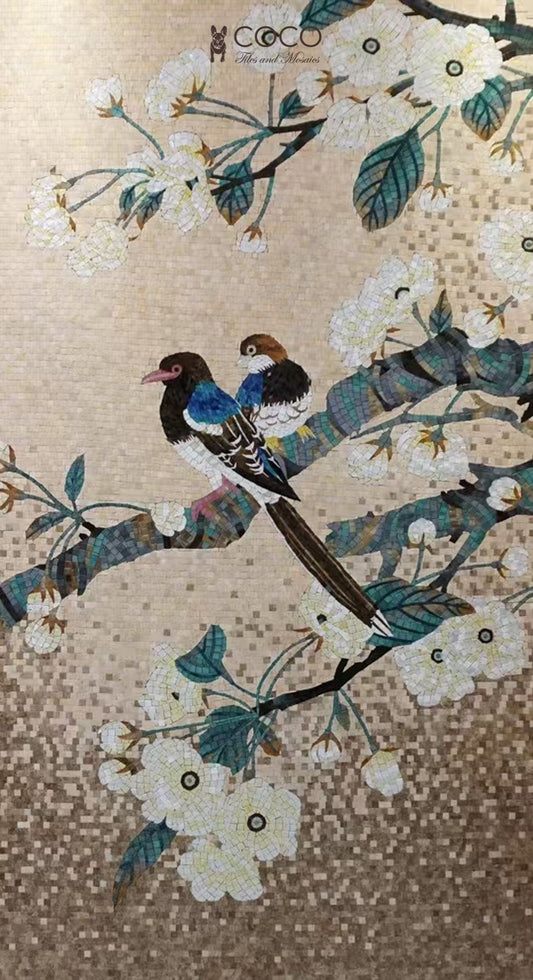 Ever After: Romantic Lovebird Mosaic Mural with White Blossoms and Botanical Branch