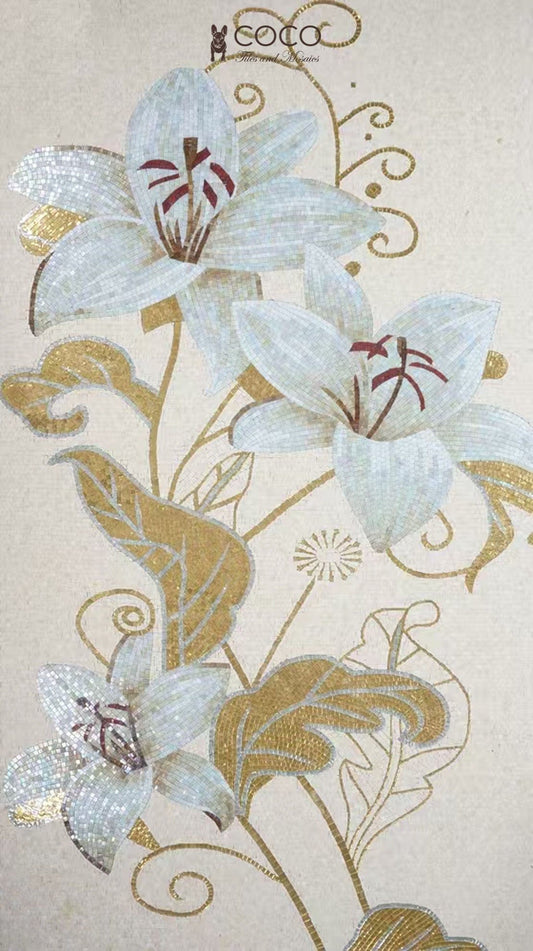 Lily Radiance : Handcrafted White Floral Mosaic Wall Panel with Gold Leaf Accents