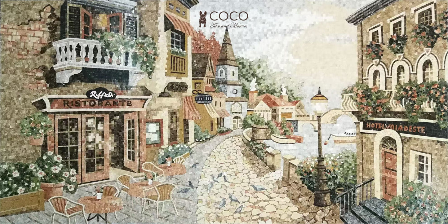 La Dolce Vita: Handcrafted Mosaic Art of Italian Café and Courtyard Scene
