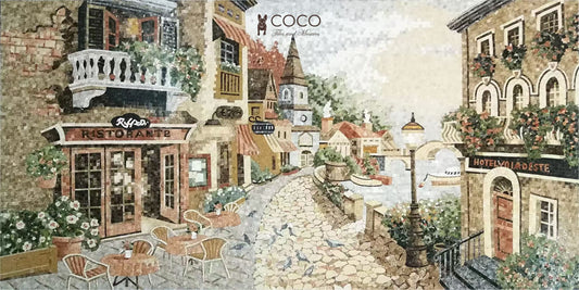 La Dolce Vita: Handcrafted Mosaic Art of Italian Café and Courtyard Scene