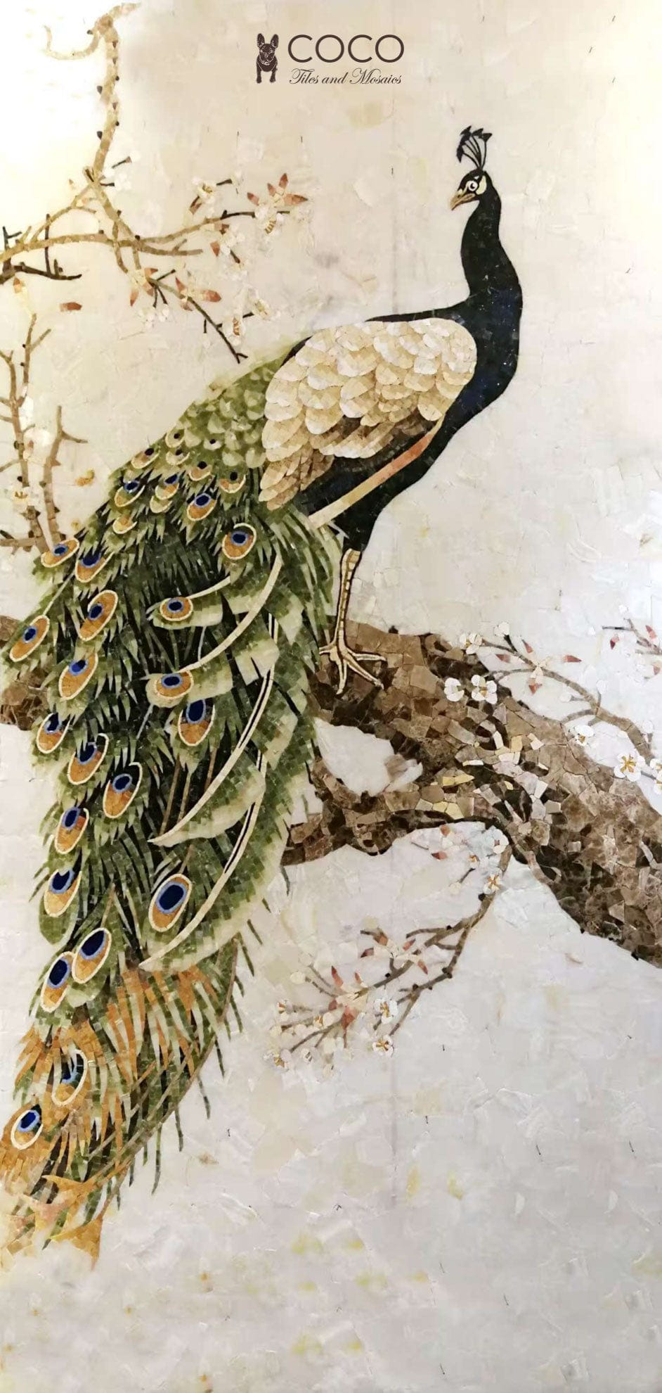 Imperial Plume: Natural Stone Mosaic of Peacock on Branch with Blossoms
