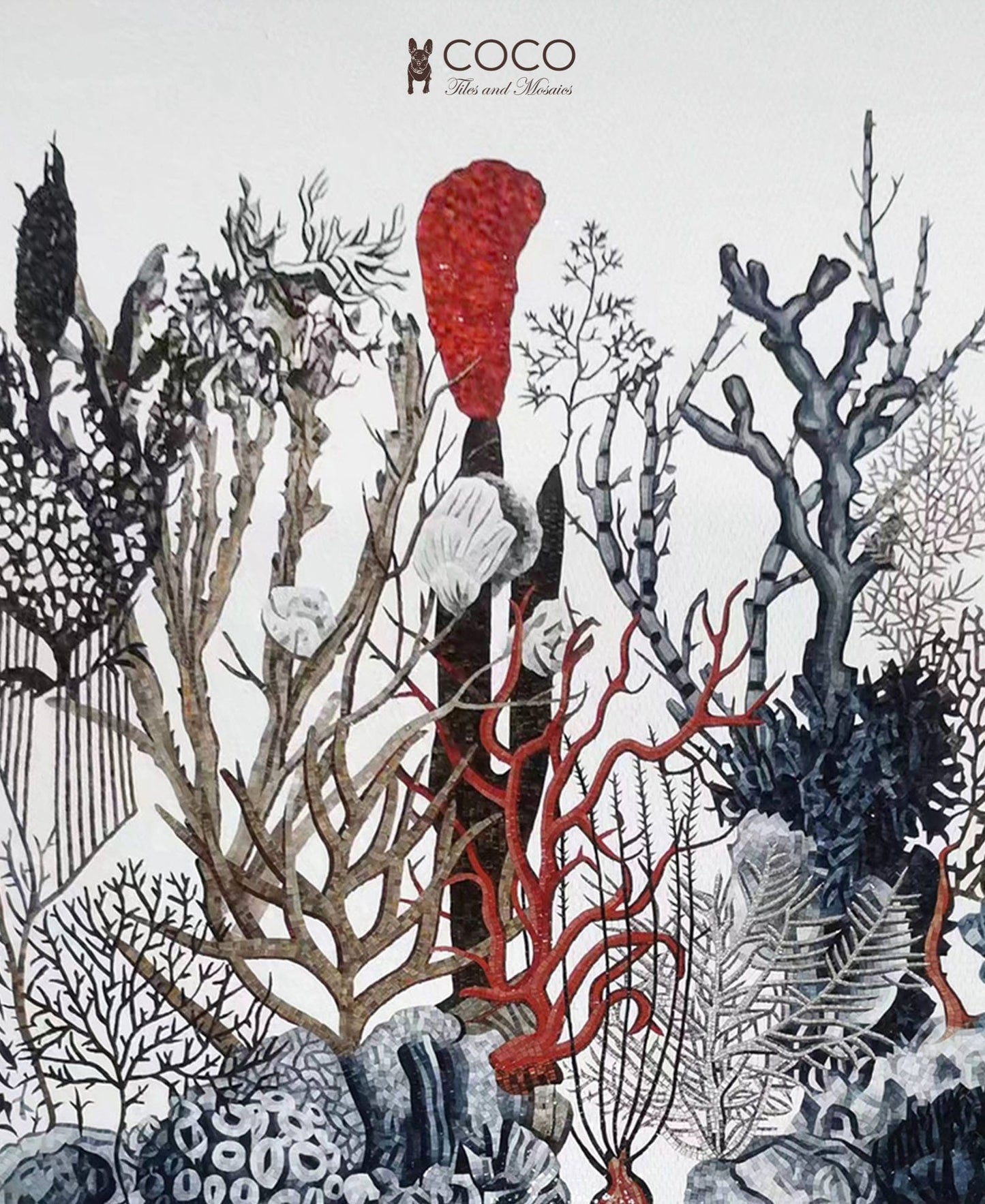 Coral Reef Garden -
Red & Charcoal Marine
Botanical Glass Mosaic
Mural