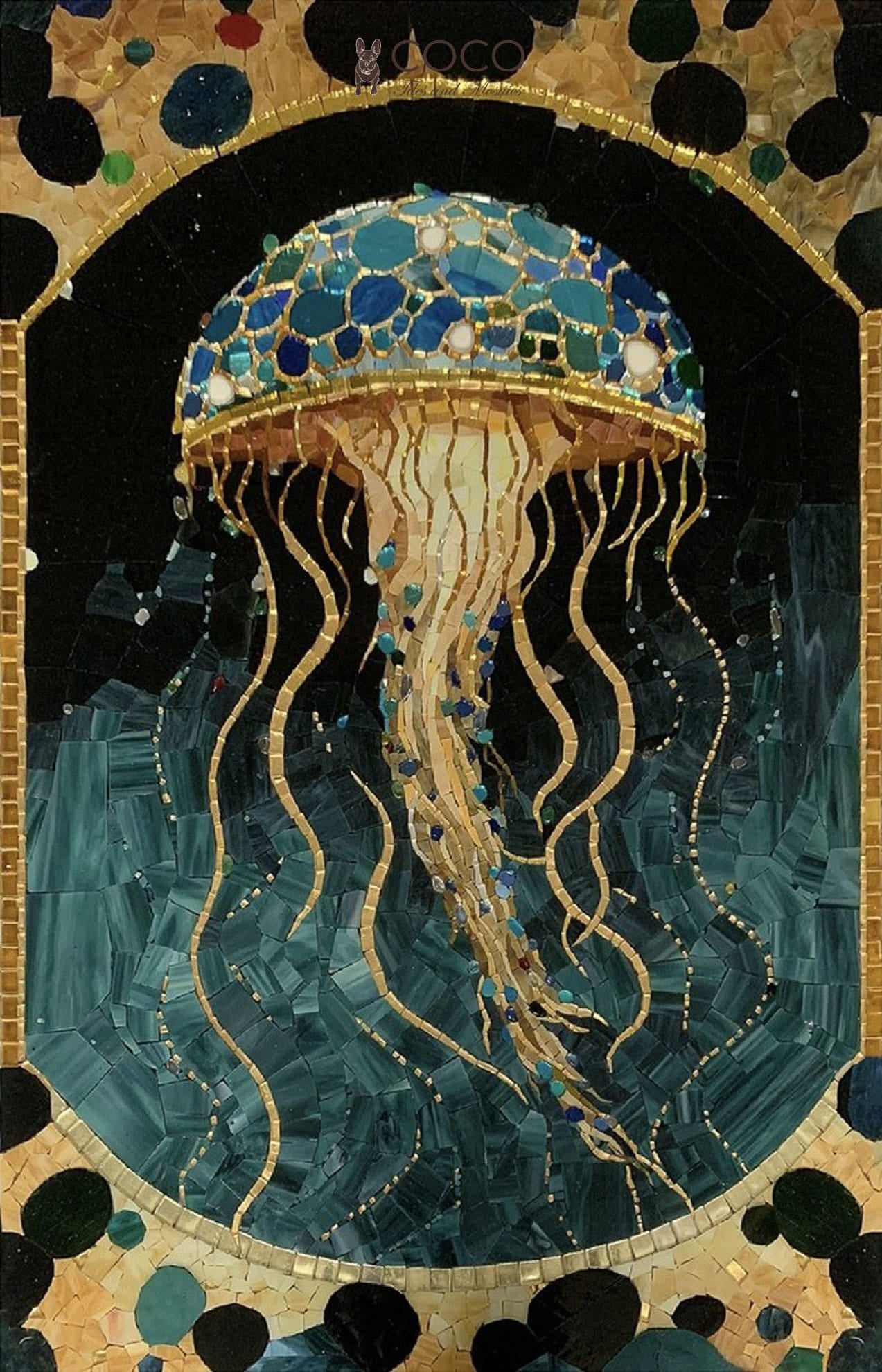 Art Nouveau Jellyfish -
Teal & Gold Marine
Glass Mosaic Art