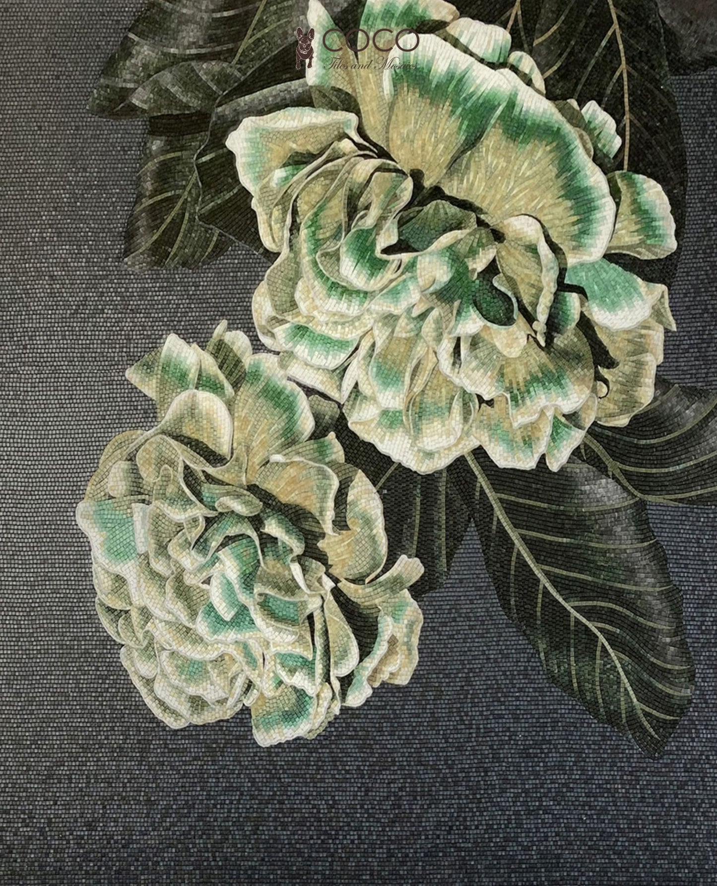 Jade Peony - Emerald & Charcoal Botanical Glass Mosaic Mural
