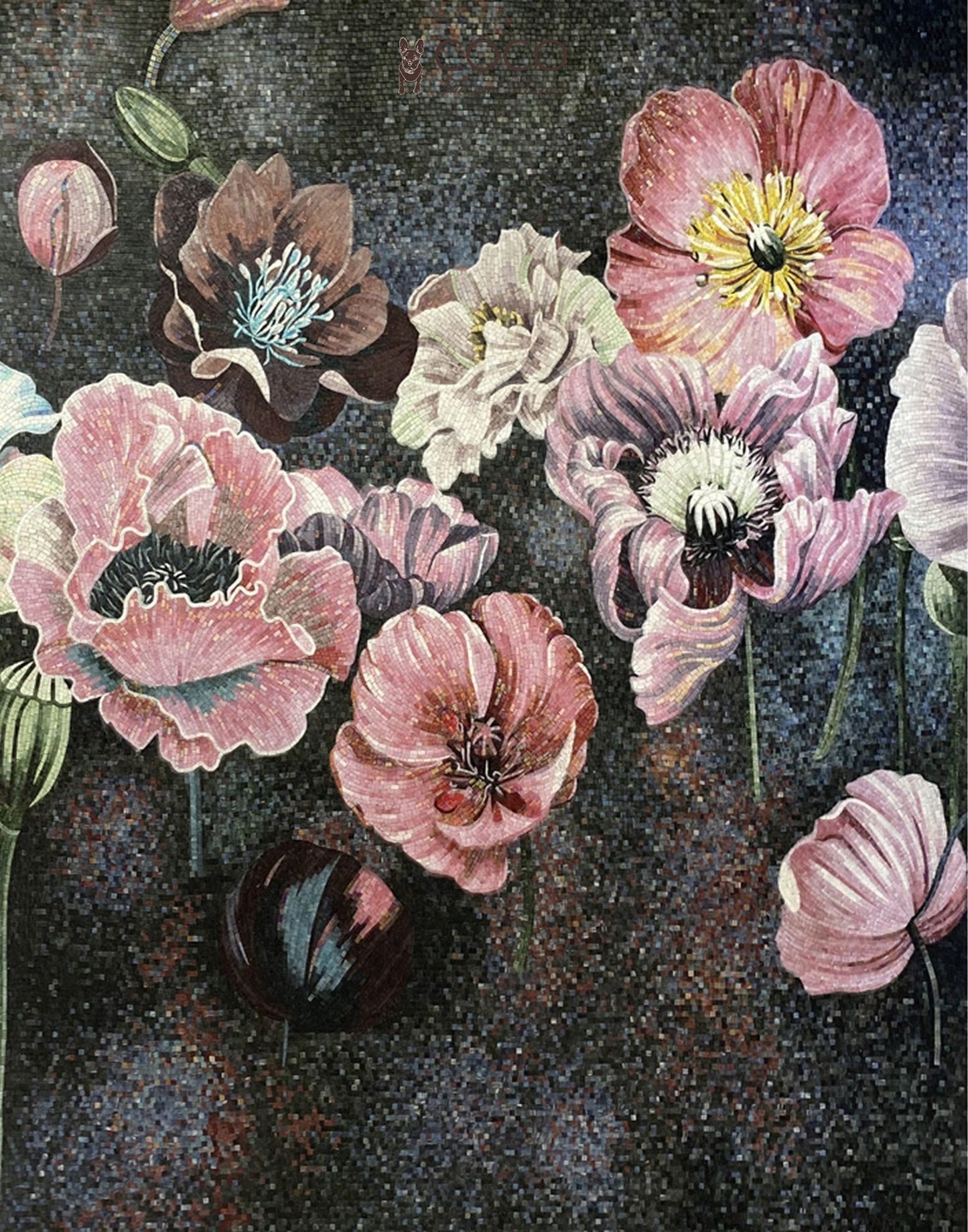 Poppy Nocturne - Pink & Charcoal Botanical Glass Mosaic Mural