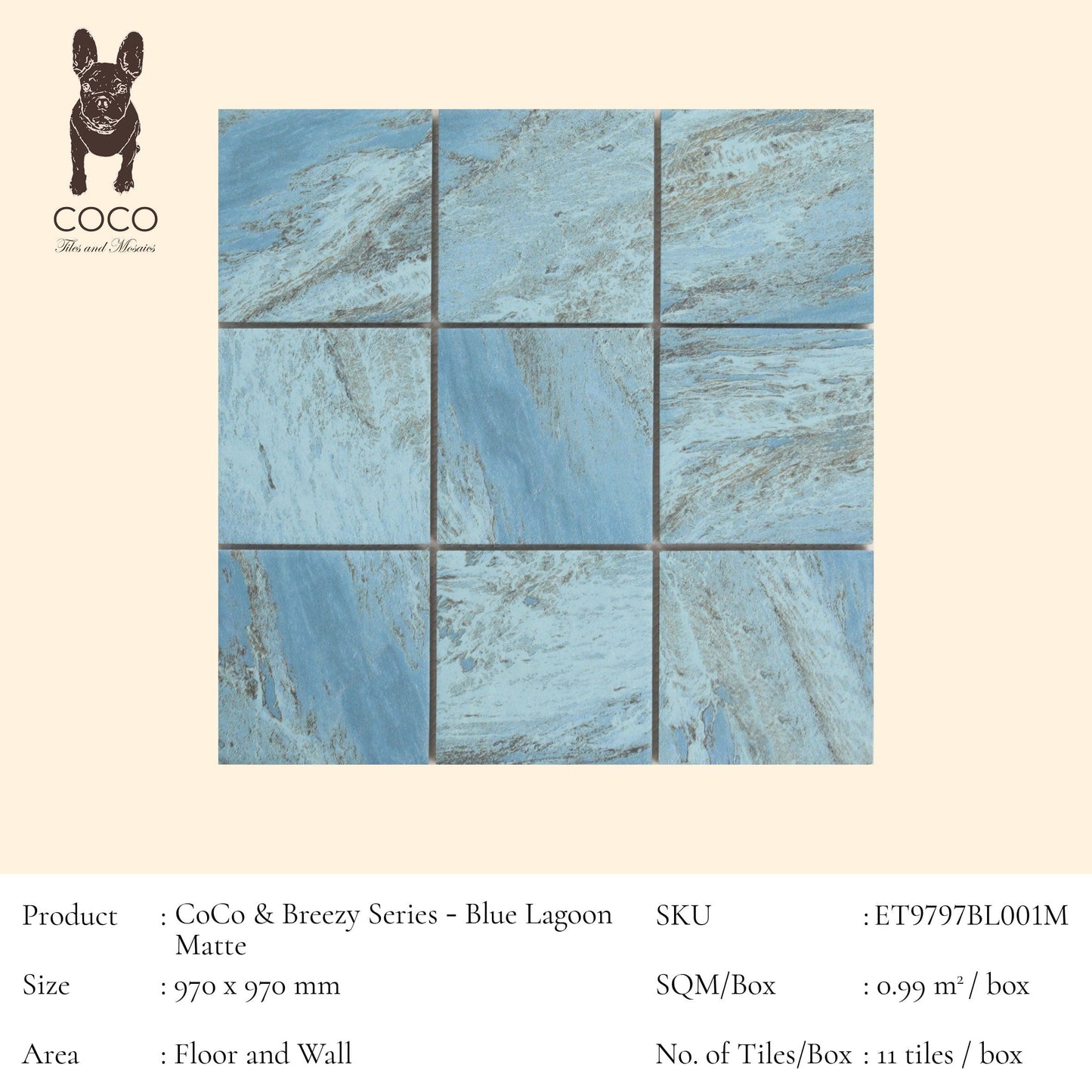 Cut Sample - CoCo & Breezy Series - Blue Lagoon Matte 97x97mm Porcelain Mosaic Pool Tile (Cut Size: Approx. 194x291 mm)