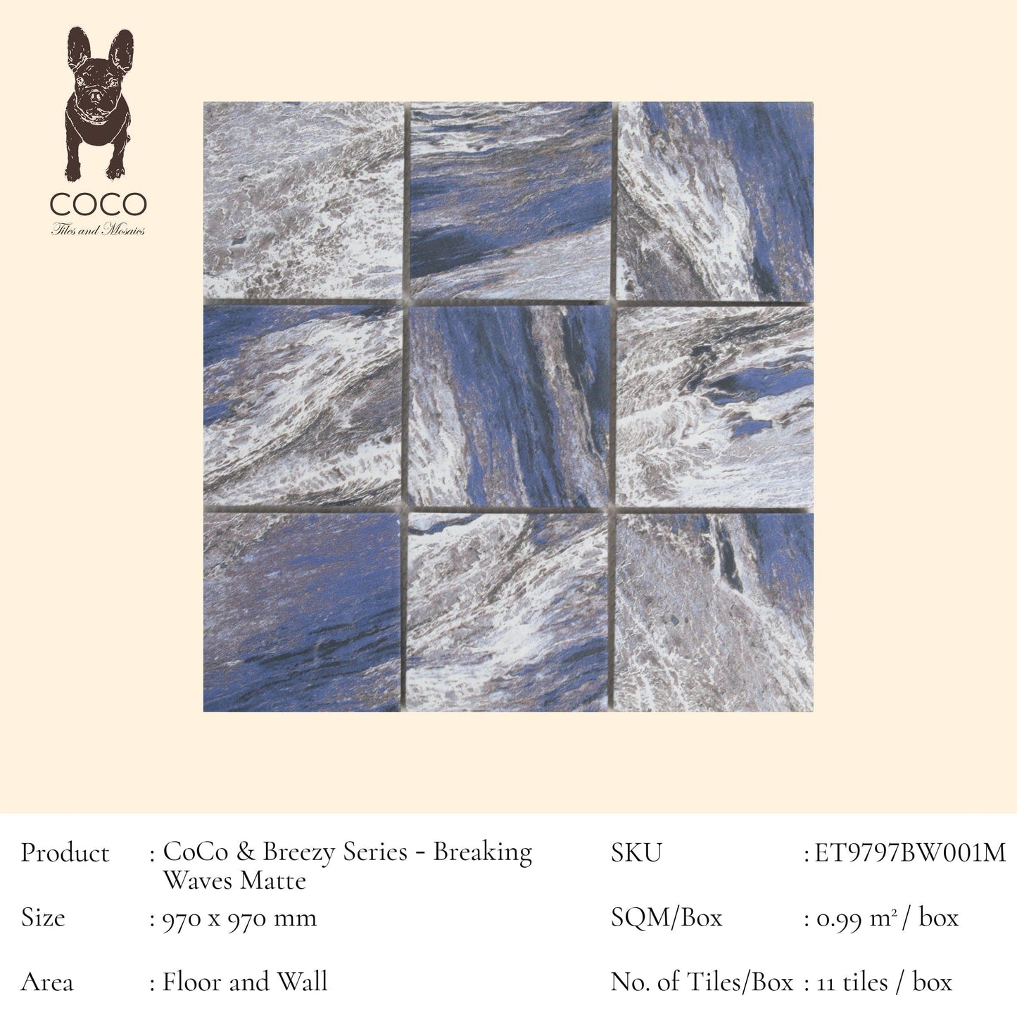 Cut Sample - CoCo & Breezy Series - Breaking Waves Matte 97x97mm Porcelain Mosaic Pool Tile (Cut Size: Approx. 194x291 mm)