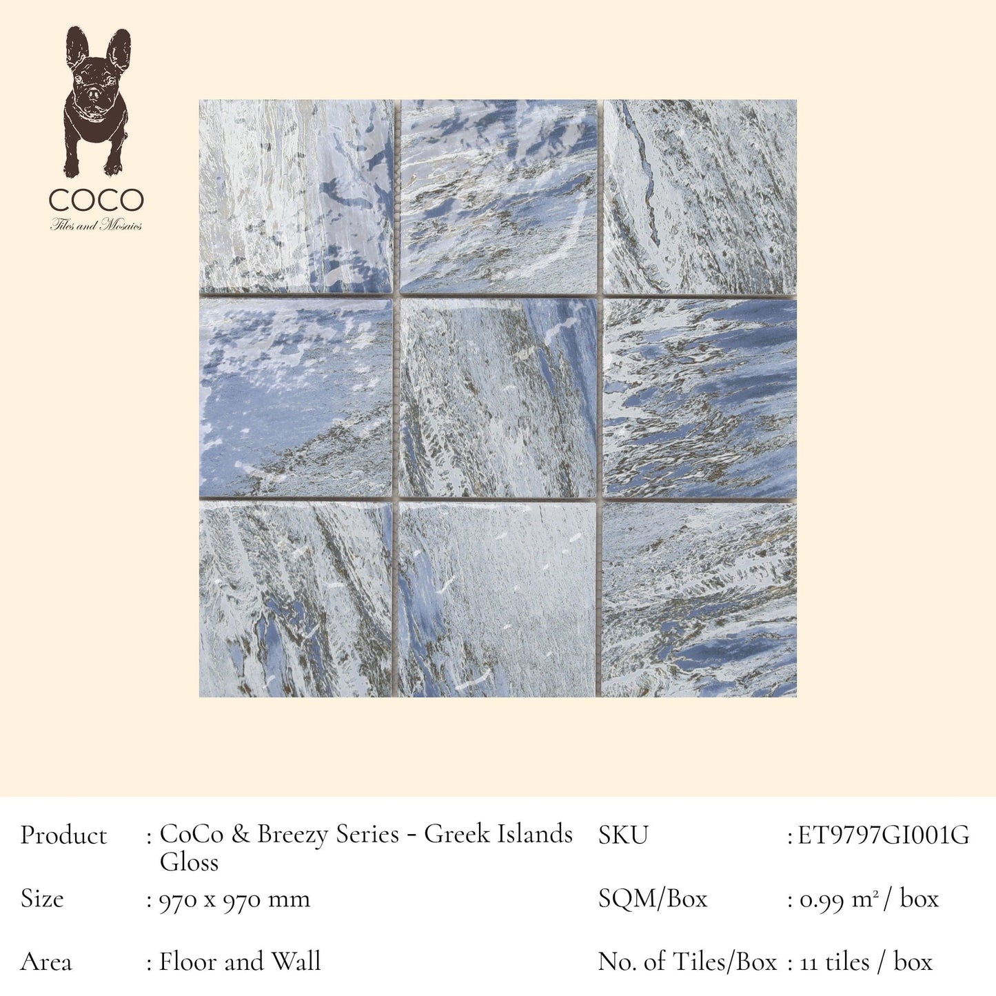 Cut Sample - CoCo & Breezy Series - Greek Islands Gloss 97x97mm Porcelain Mosaic Pool Tile (Cut Size: Approx. 194x291 mm)