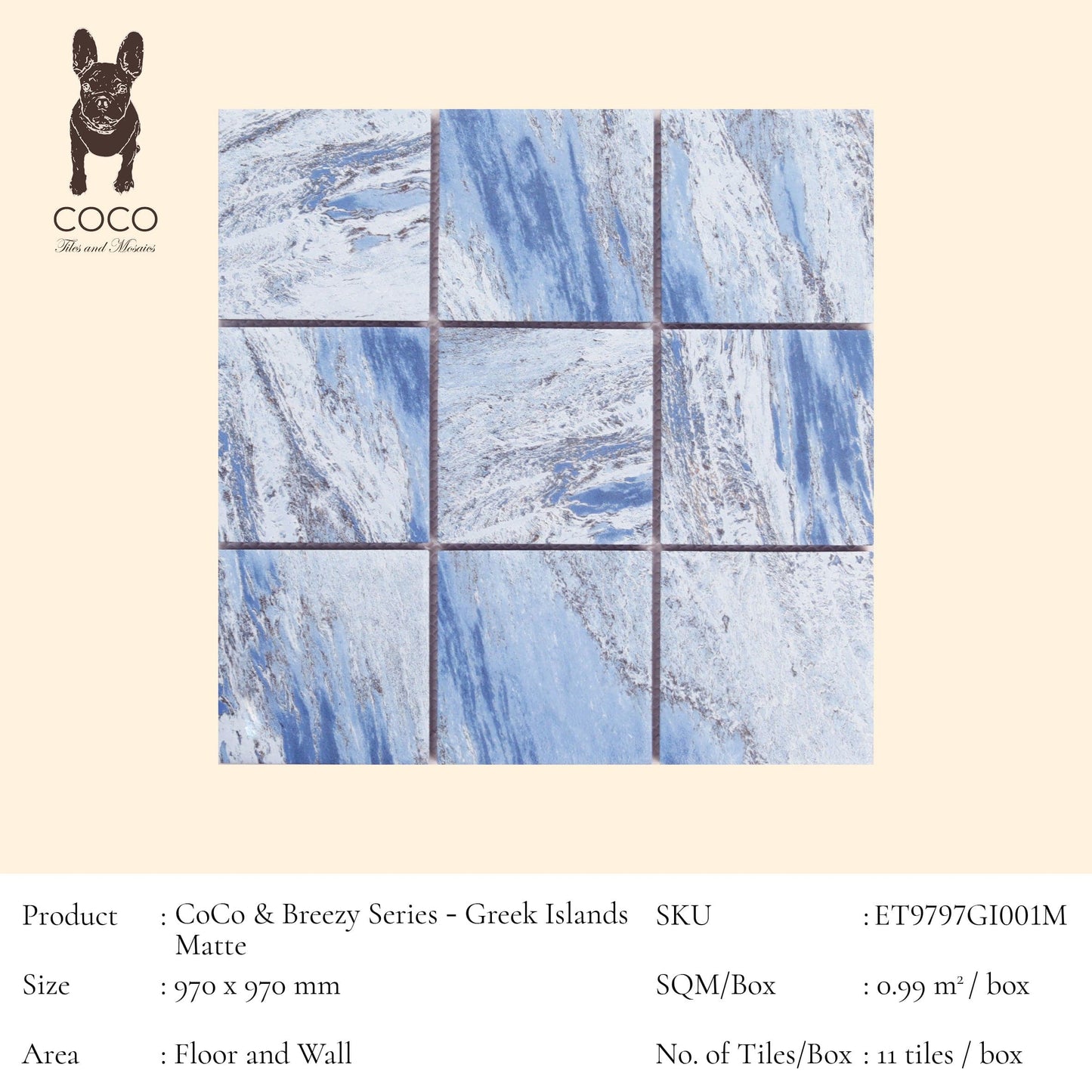 Cut Sample - CoCo & Breezy Series - Greek Islands Matte 97x97mm Porcelain Mosaic Pool Tile (Cut Size: Approx. 194x291 mm)